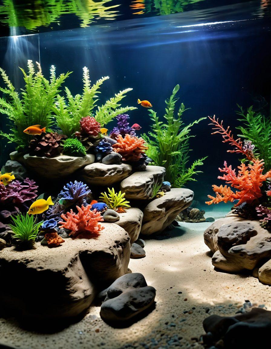 A tranquil underwater scene showcasing a vibrant, cheerful aquarium oasis filled with tropical fish, colorful corals, and lush aquatic plants, with a hint of sunlight filtering through the water, casting playful shadows. Include a peaceful, zen-like setup with decorative elements such as smooth pebbles and small statues. The atmosphere should evoke a sense of serenity and joy. super-realistic. vibrant colors. soft lighting.