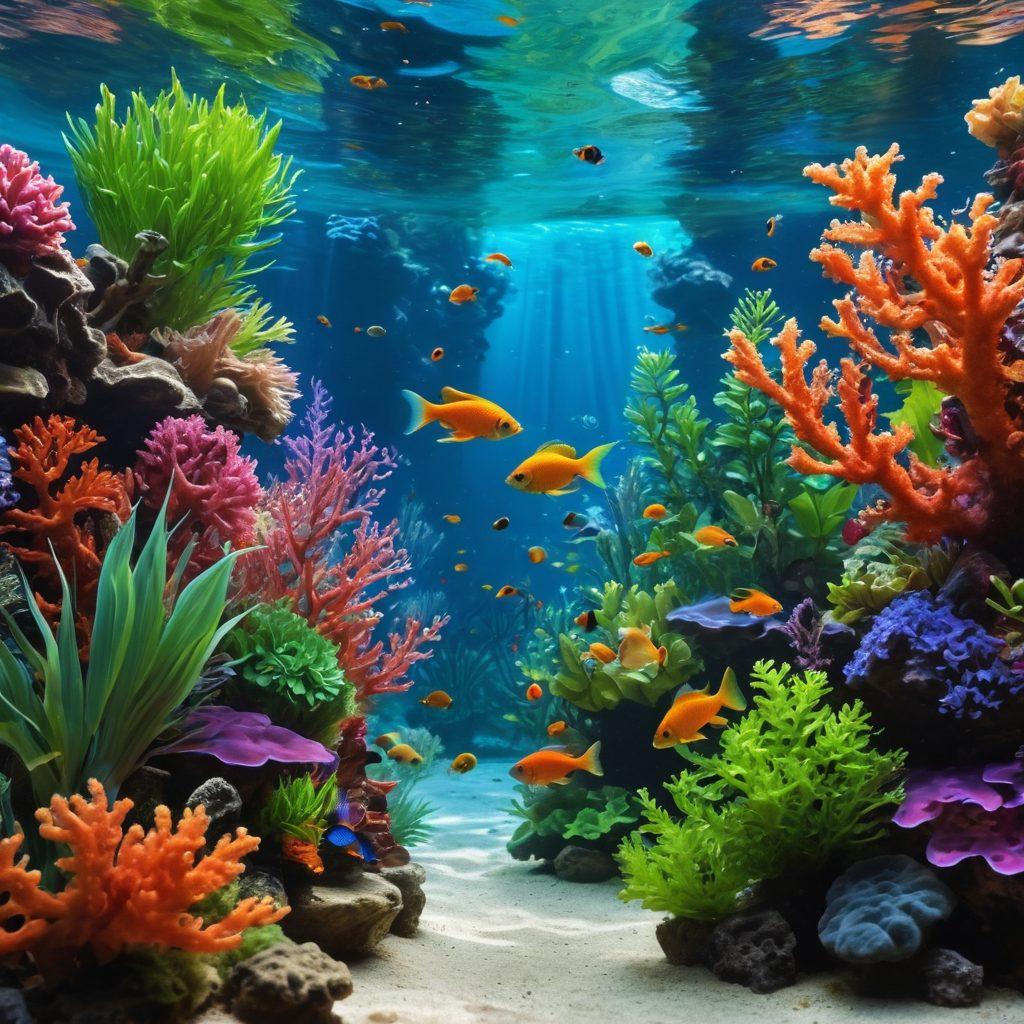 A serene aquarium scene filled with vibrant, tropical fish swimming among lush green plants and colorful coral structures, showcasing the tranquility and beauty of aquatic life. Soft rays of light break through the water surface, creating a mesmerizing play of bubbles and sparkle. Include a joyful fish keeper observing the tank with a gentle smile, symbolizing the bliss of fishkeeping. The background features a softly blurred underwater landscape. super-realistic. vibrant colors. 3D.