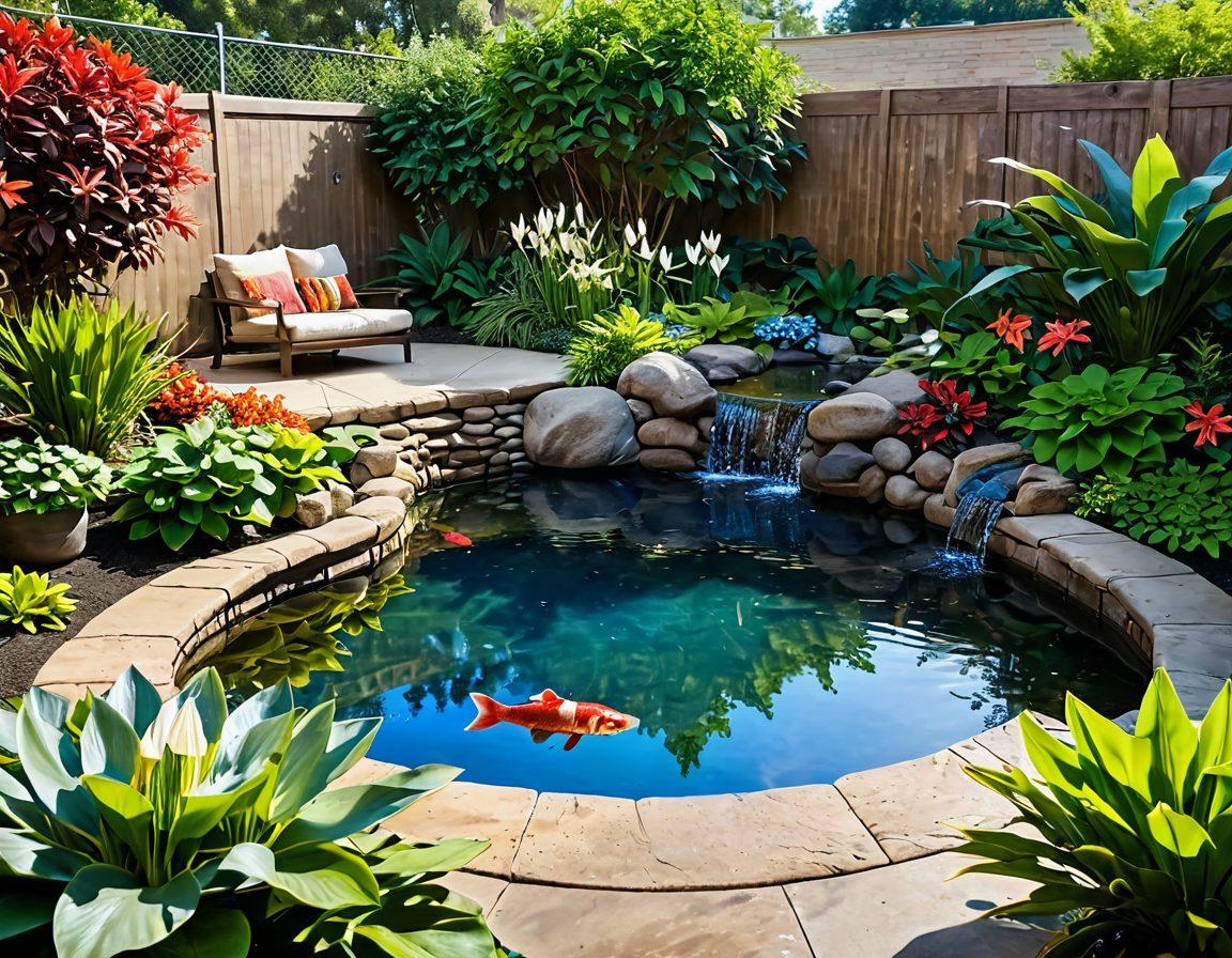 A serene backyard aquatic oasis featuring a tranquil pond with lily pads and gentle waterfalls, surrounded by lush green plants and vibrant flowers. Include a cozy seating area with colorful cushions and soft lighting, and playful fish swimming in the water. A bright blue sky and soft clouds above enhance the feeling of bliss and joy. super-realistic. vibrant colors. natural sunlight.
